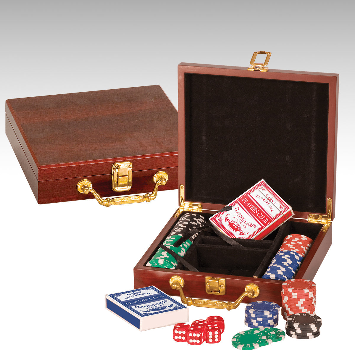 Poker Set 100 Chip - Rosewood Finish box with custom engraved plate Decade Awards