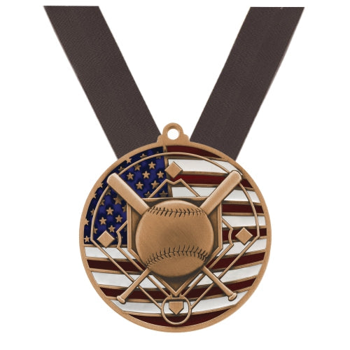 Baseball Patriotic Medal - Gold, Silver or Bronze | Engraved Baseball Medal - 2.75 Inch Wide Decade Awards