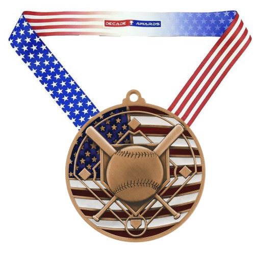 Baseball Patriotic Medal - Gold, Silver or Bronze | Engraved Baseball Medal - 2.75 Inch Wide Decade Awards