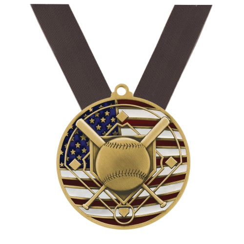 Baseball Patriotic Medal - Gold, Silver or Bronze | Engraved Baseball Medal - 2.75 Inch Wide Decade Awards