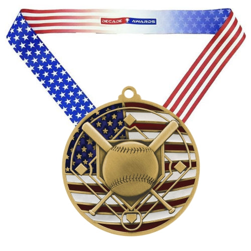 Baseball Patriotic Medal - Gold, Silver or Bronze | Engraved Baseball Medal - 2.75 Inch Wide Decade Awards