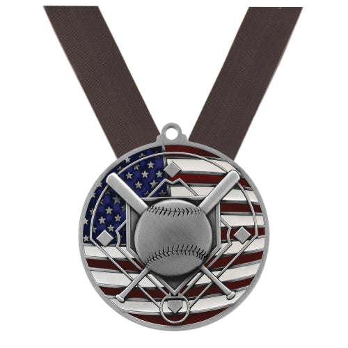 Baseball Patriotic Medal - Gold, Silver or Bronze | Engraved Baseball Medal - 2.75 Inch Wide Decade Awards