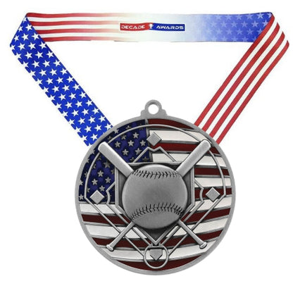 Baseball Patriotic Medal - Gold, Silver or Bronze | Engraved Baseball Medal - 2.75 Inch Wide Decade Awards