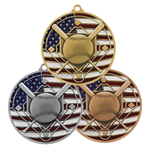 Baseball Patriotic Medal - Gold, Silver or Bronze | Engraved Baseball Medal - 2.75 Inch Wide Decade Awards