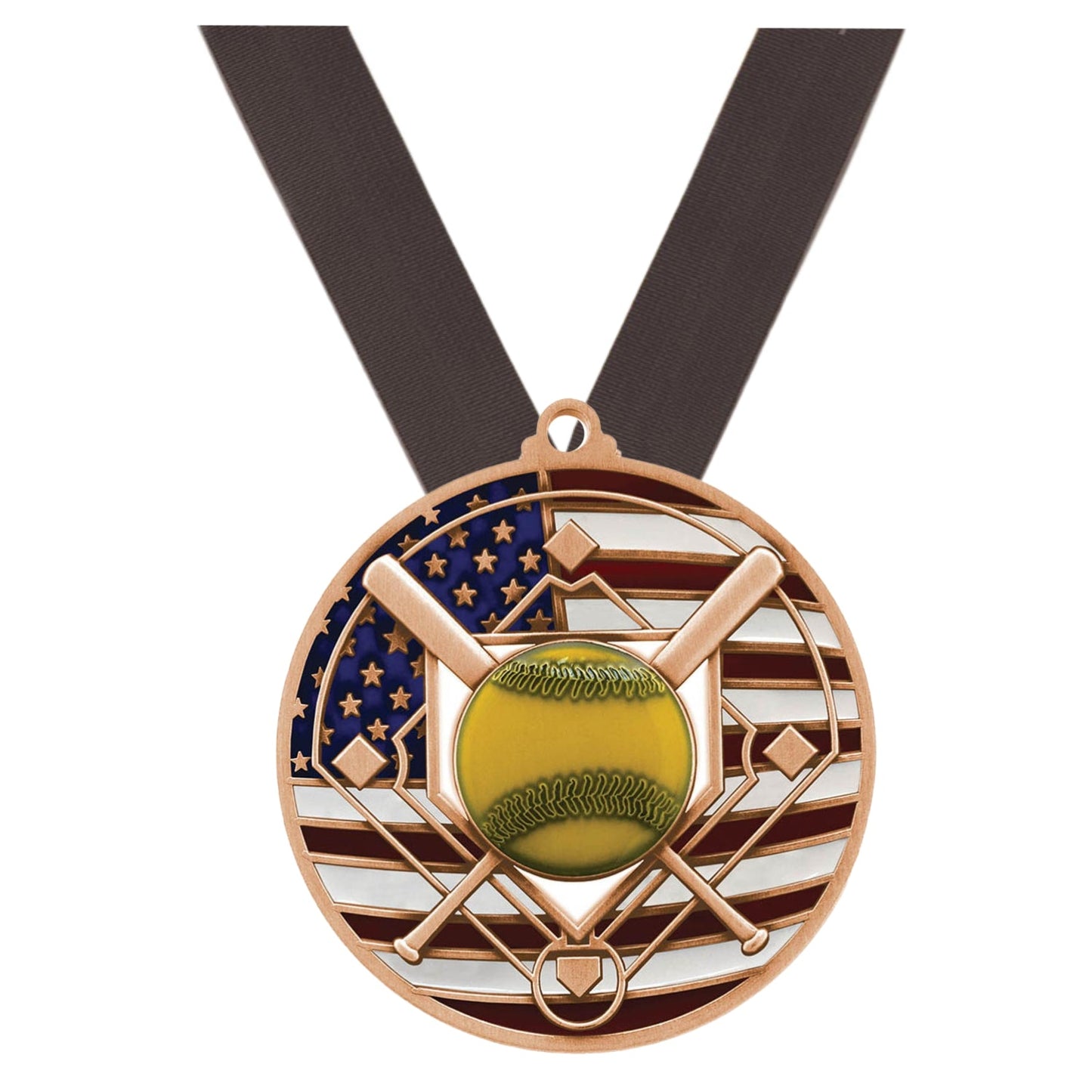 Softball Patriotic Medal - Gold, Silver or Bronze | Engraved Softball Medal - 2.75 Inch Wide Decade Awards
- Bronze Softball Medal - Black Ribbon