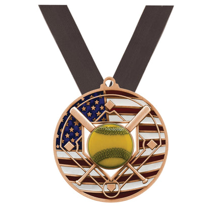 Softball Patriotic Medal - Gold, Silver or Bronze | Engraved Softball Medal - 2.75 Inch Wide Decade Awards
- Bronze Softball Medal - Black Ribbon