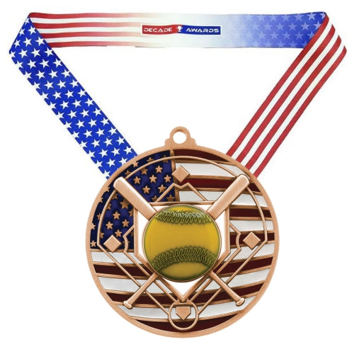 Softball Patriotic Medal - Gold, Silver or Bronze | Engraved Softball Medal - 2.75 Inch Wide Decade Awards
- Bronze Softball Medal - Stars & Stripes Ribbon