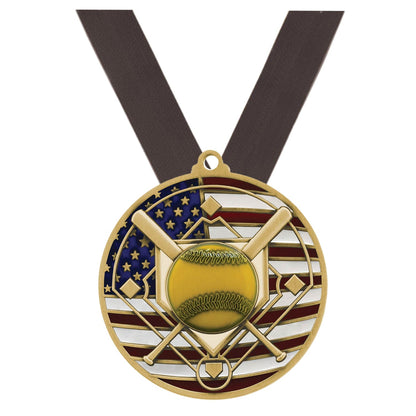 Softball Patriotic Medal - Gold, Silver or Bronze | Engraved Softball Medal - 2.75 Inch Wide Decade Awards
- Gold Softball Medal - Black Ribbon