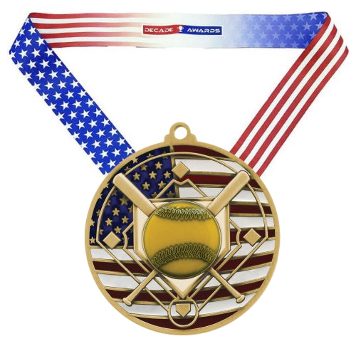 Softball Patriotic Medal - Gold, Silver or Bronze | Engraved Softball Medal - 2.75 Inch Wide Decade Awards
- Gold Softball Medal - Stars & Stripes Ribbon