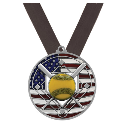 Softball Patriotic Medal - Gold, Silver or Bronze | Engraved Softball Medal - 2.75 Inch Wide Decade Awards
- Silver Softball Medal - Black Ribbon