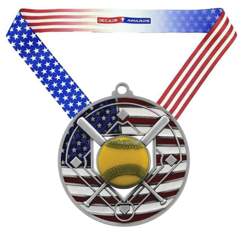 Softball Patriotic Medal - Gold, Silver or Bronze | Engraved Softball Medal - 2.75 Inch Wide Decade Awards
- Silver Softball Medal with Stars & Stripes Ribbon
- Silver Softball Medal - Stars & Stripes Ribbon