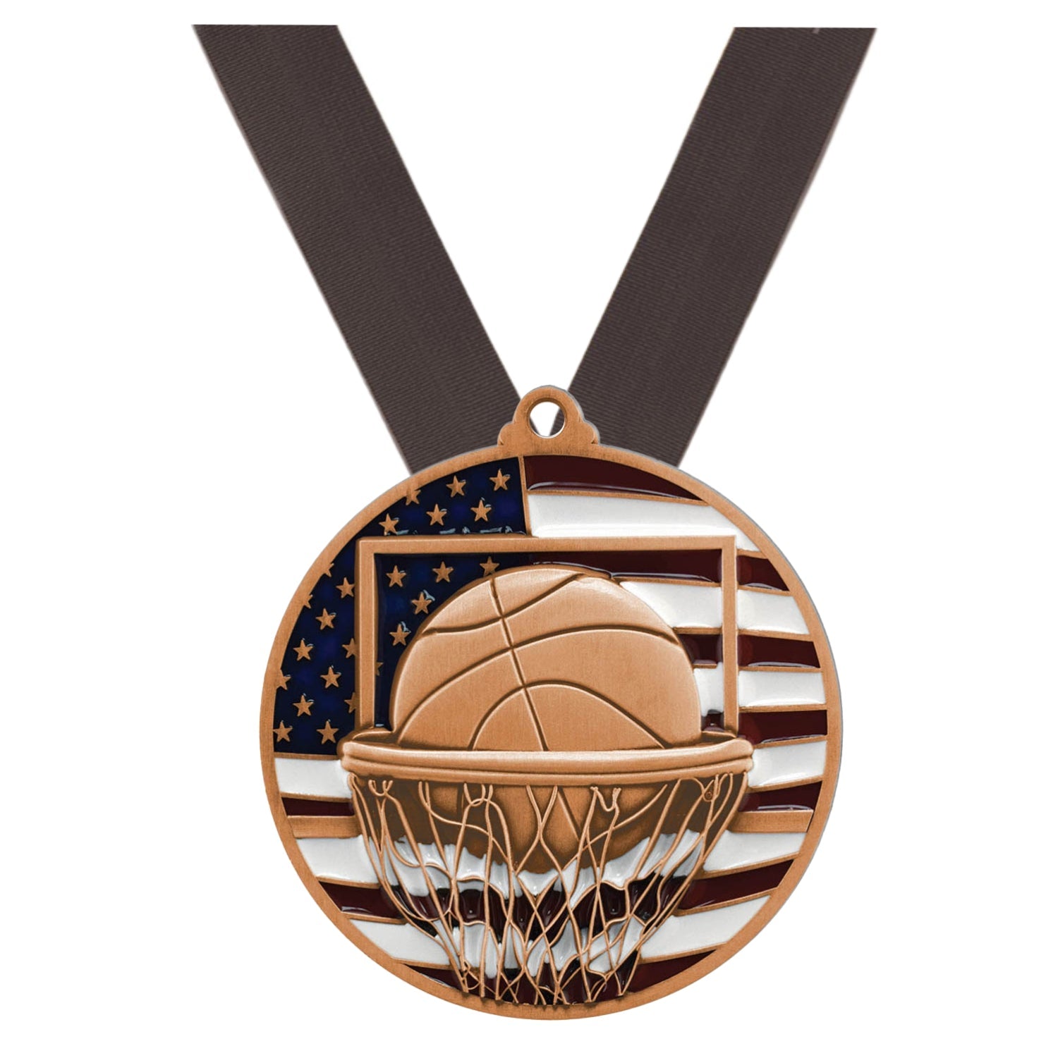 Basketball Patriotic Medal - Gold, Silver or Bronze | Engraved Basketball Medal - 2.75 Inch Decade Awards
- Bronze Basketball Medal - Black Ribbon