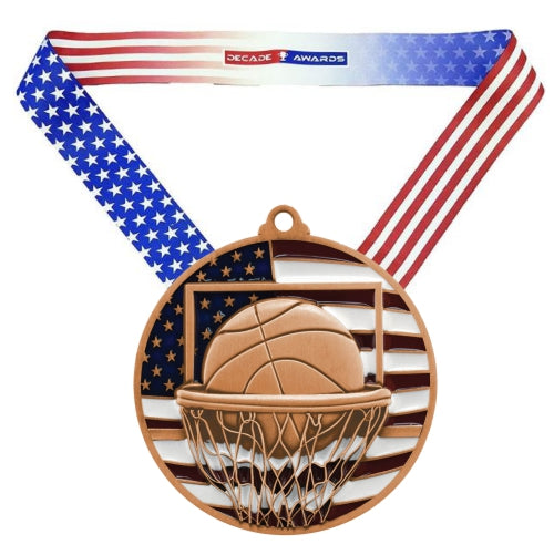 Basketball Patriotic Medal - Gold, Silver or Bronze | Engraved Basketball Medal - 2.75 Inch Decade Awards
- Bronze Basketball Medal - Stars & Stripes Ribbon