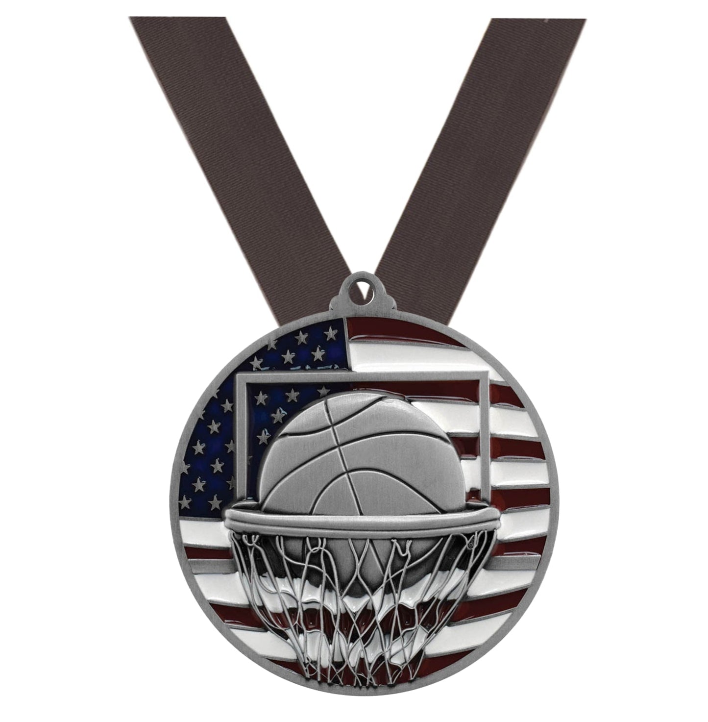 Basketball Patriotic Medal - Gold, Silver or Bronze | Engraved Basketball Medal - 2.75 Inch Decade Awards
- Silver Basketball Medal - Black Ribbon