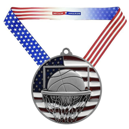 Basketball Patriotic Medal - Gold, Silver or Bronze | Engraved Basketball Medal - 2.75 Inch Decade Awards
- Silver Basketball Medal - Stars & Stripes Ribbon