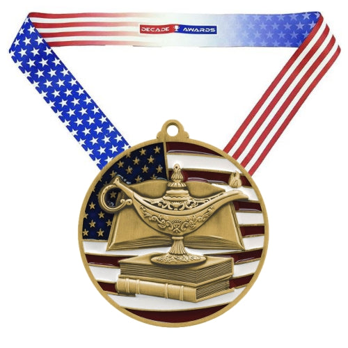 Academic Medal, Patriotic - Gold, Silver or Bronze | Engraved Scholastic Medal - 2.75 Inch Wide Decade Awards
- Gold Academic Medal - Stars & Stripes Ribbon