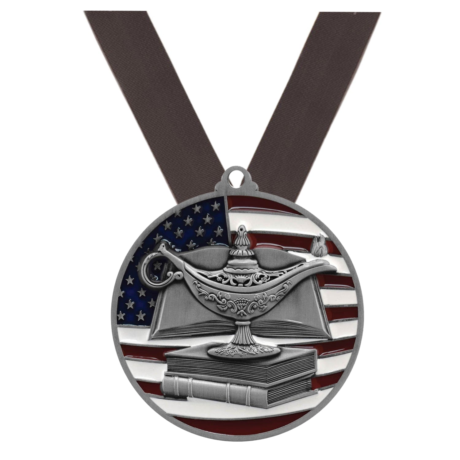 Academic Medal, Patriotic - Gold, Silver or Bronze | Engraved Scholastic Medal - 2.75 Inch Wide Decade Awards
- Silver Academic Medal - Black Ribbon