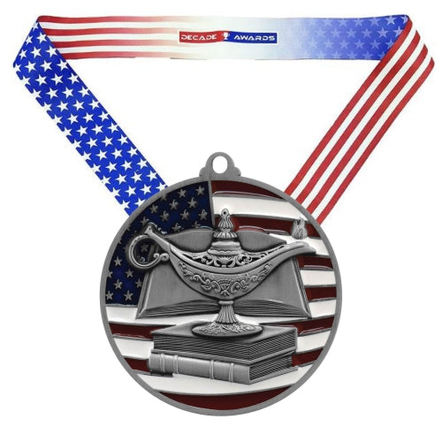 Academic Medal, Patriotic - Gold, Silver or Bronze | Engraved Scholastic Medal - 2.75 Inch Wide Decade Awards
- Silver Academic Medal - Stars & Stripes Ribbon