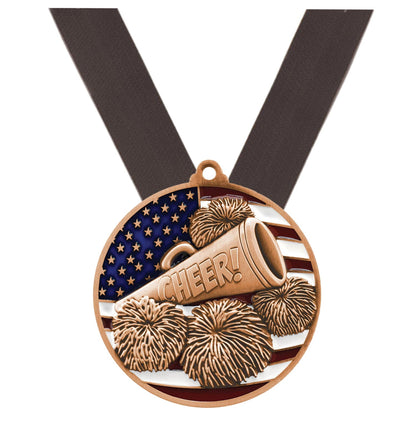 Cheer Patriotic Medal - Gold, Silver or Bronze | Engraved Spirit Team Medal - 2.75 Inch Wide Decade Awards
- Bronze Cheer Medal - Black Ribbon