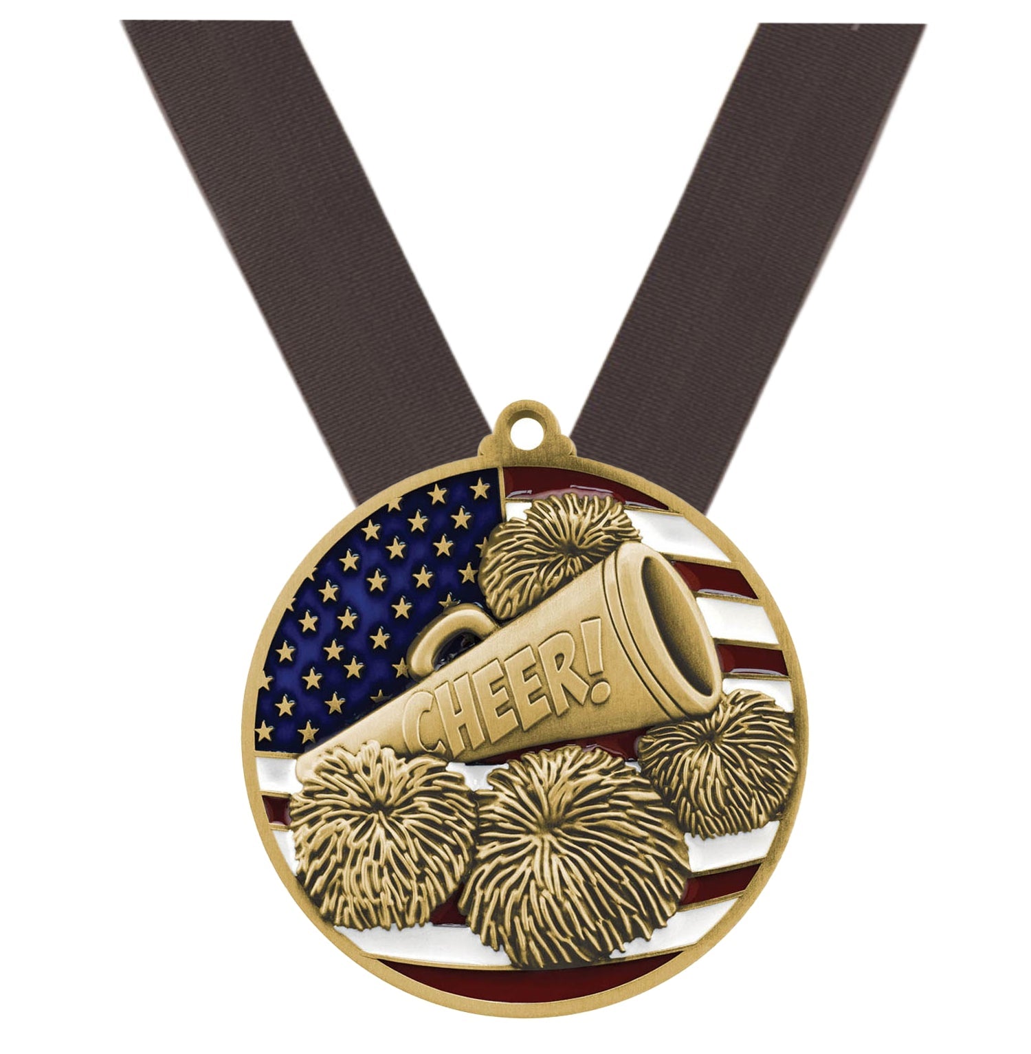 Cheer Patriotic Medal - Gold, Silver or Bronze | Engraved Spirit Team Medal - 2.75 Inch Wide Decade Awards
- Gold Cheer Medal - Black Ribbon