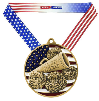 Cheer Patriotic Medal - Gold, Silver or Bronze | Engraved Spirit Team Medal - 2.75 Inch Wide Decade Awards
- Gold Cheer Medal - Stars & Stripes Ribbon