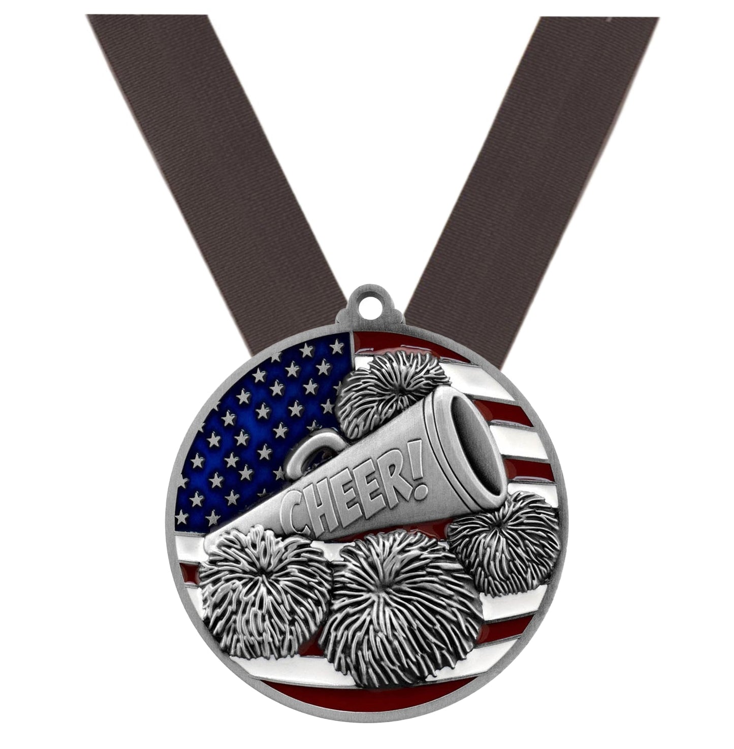 Cheer Patriotic Medal - Gold, Silver or Bronze | Engraved Spirit Team Medal - 2.75 Inch Wide Decade Awards
- Silver Cheer Medal - Black Ribbon