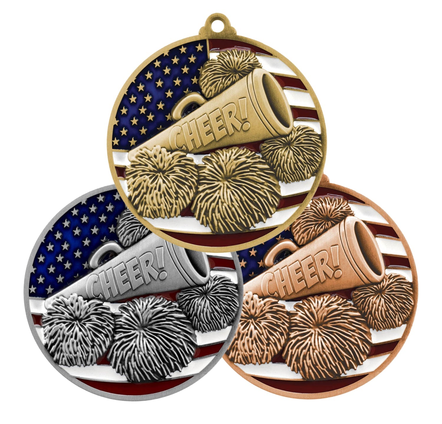 Cheer Patriotic Medal - Gold, Silver or Bronze | Engraved Spirit Team Medal - 2.75 Inch Wide Decade Awards