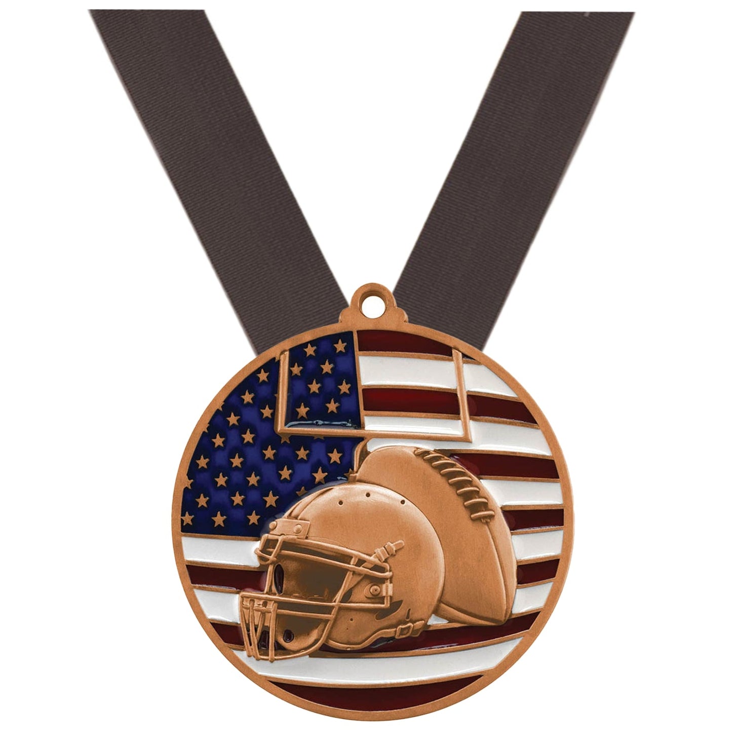 Football Patriotic Medal - Gold, Silver or Bronze | Engraved Football Medal - 2.75 Inch Wide Decade Awards
- Bronze Football Medal - Black Ribbon