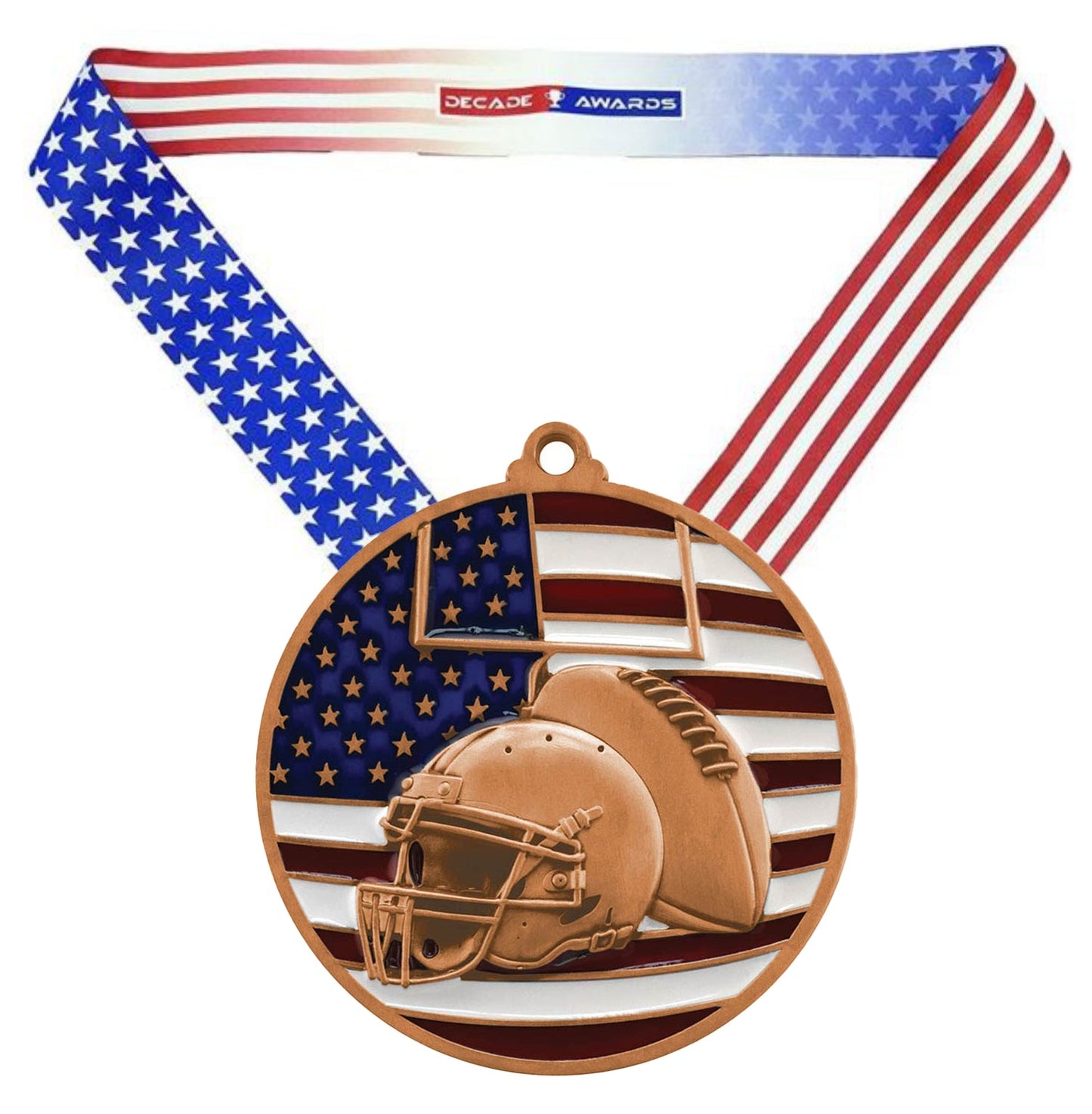 Football Patriotic Medal - Gold, Silver or Bronze | Engraved Football Medal - 2.75 Inch Wide Decade Awards
- Bronze Football Medal - Stars & Stripes Ribbon