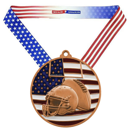 Football Patriotic Medal - Gold, Silver or Bronze | Engraved Football Medal - 2.75 Inch Wide Decade Awards
- Bronze Football Medal - Stars & Stripes Ribbon