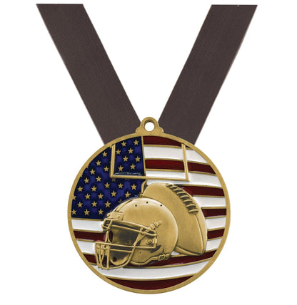 Football Patriotic Medal - Gold, Silver or Bronze | Engraved Football Medal - 2.75 Inch Wide Decade Awards
- Gold Football Medal - Black Ribbon