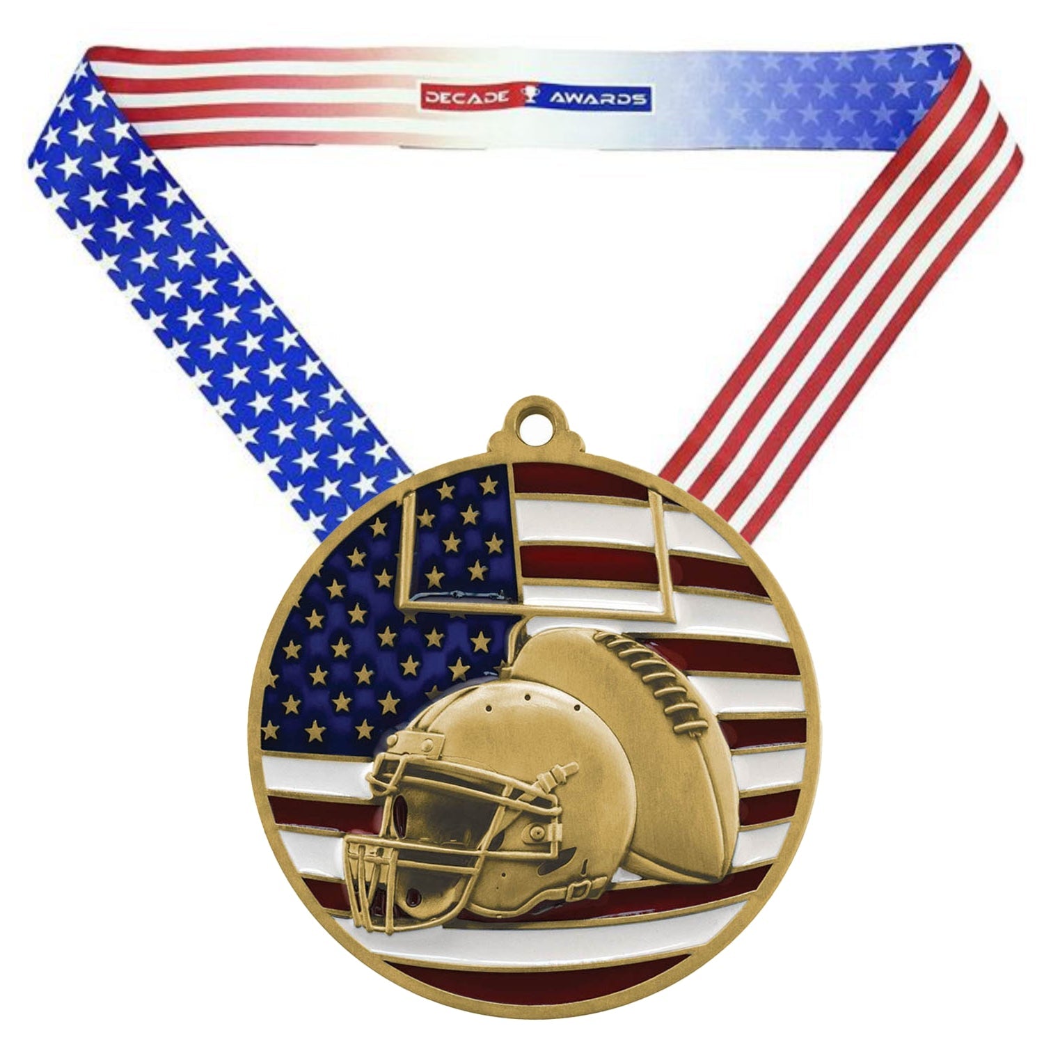 Football Patriotic Medal - Gold, Silver or Bronze | Engraved Football Medal - 2.75 Inch Wide Decade Awards
- Gold Football Medal - Stars & Stripes Ribbon