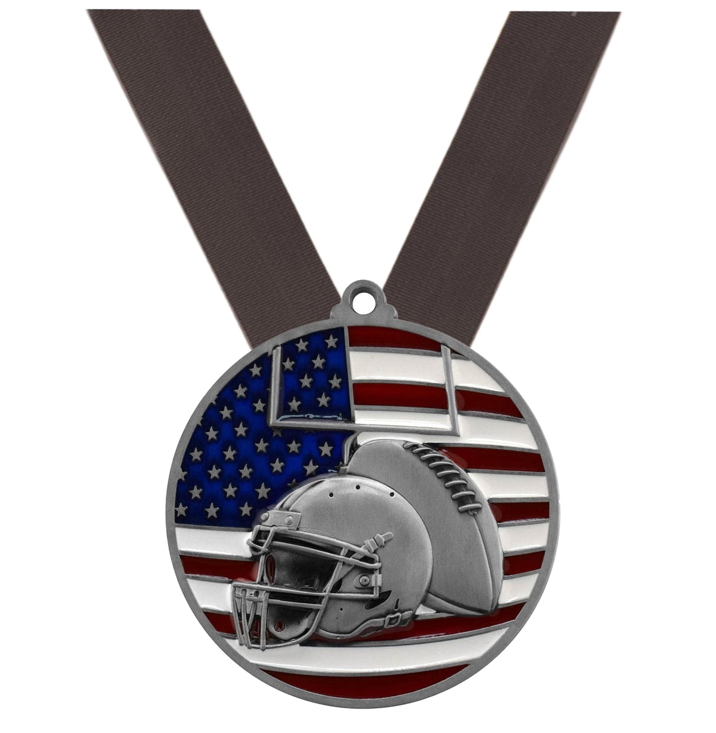 Football Patriotic Medal - Gold, Silver or Bronze | Engraved Football Medal - 2.75 Inch Wide Decade Awards
- Silver Football Medal - Black Ribbon