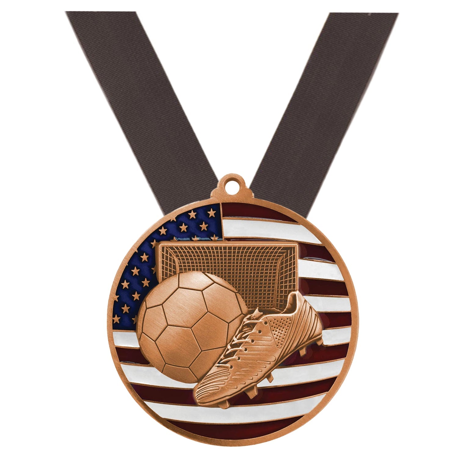 Soccer Patriotic Engraved Medal - Gold, Silver, Bronze | Engraved Soccer Medal - 2.75 Inch Wide Decade Awards
- Bronze Soccer Medal - Black Ribbon