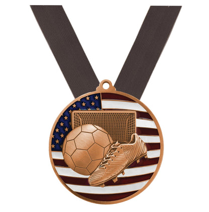 Soccer Patriotic Engraved Medal - Gold, Silver, Bronze | Engraved Soccer Medal - 2.75 Inch Wide Decade Awards
- Bronze Soccer Medal - Black Ribbon