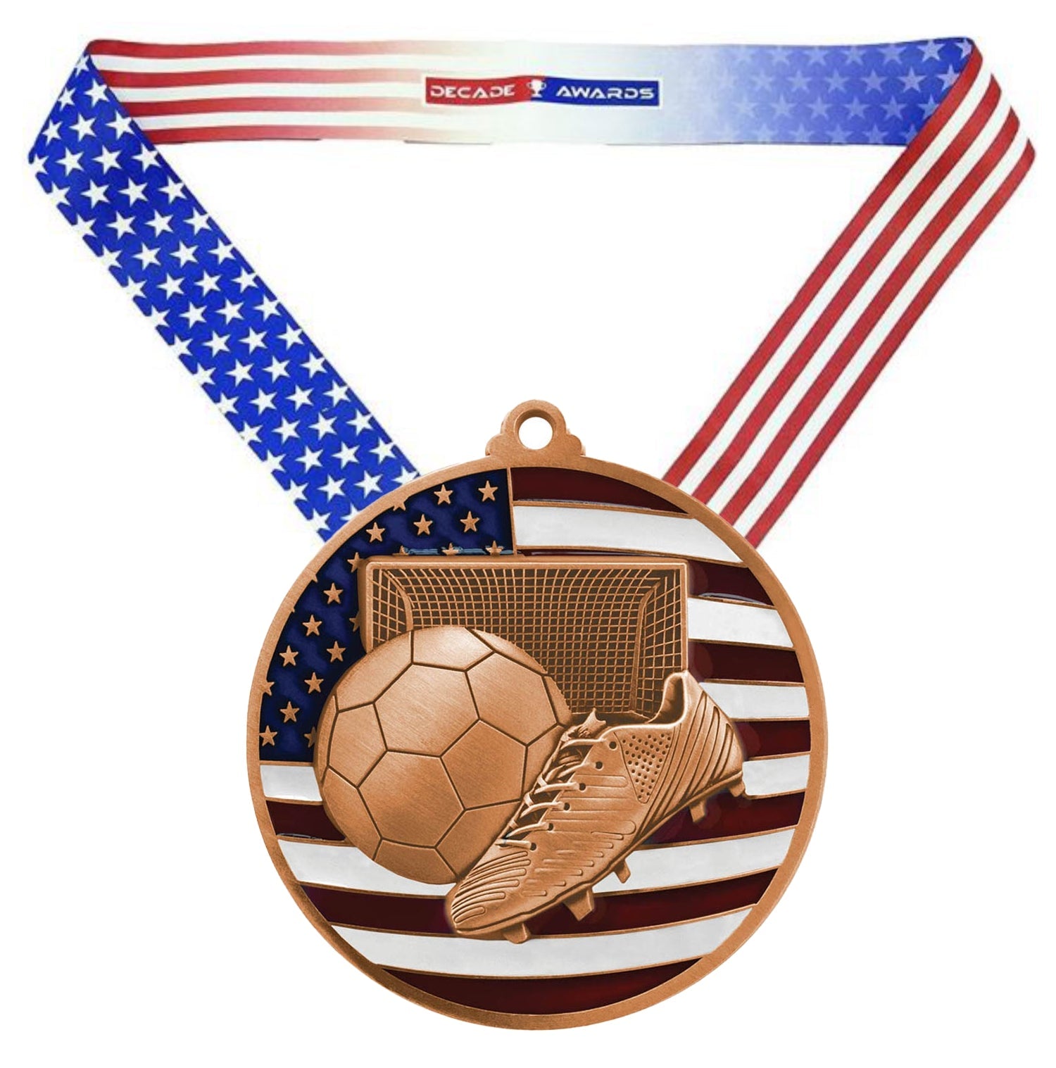 Soccer Patriotic Engraved Medal - Gold, Silver, Bronze | Engraved Soccer Medal - 2.75 Inch Wide Decade Awards
- Bronze Soccer Medal - Stars & Stripes Ribbon