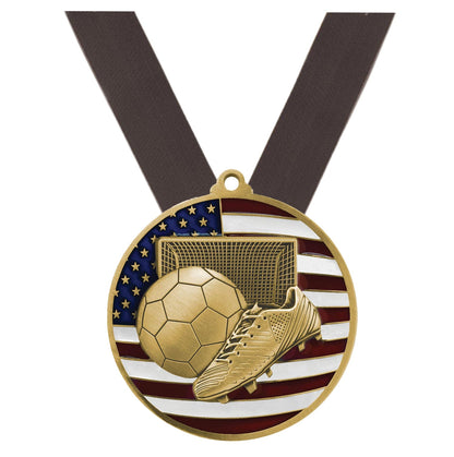 Soccer Patriotic Engraved Medal - Gold, Silver, Bronze | Engraved Soccer Medal - 2.75 Inch Wide Decade Awards
- Gold Soccer Medal - Black Ribbon