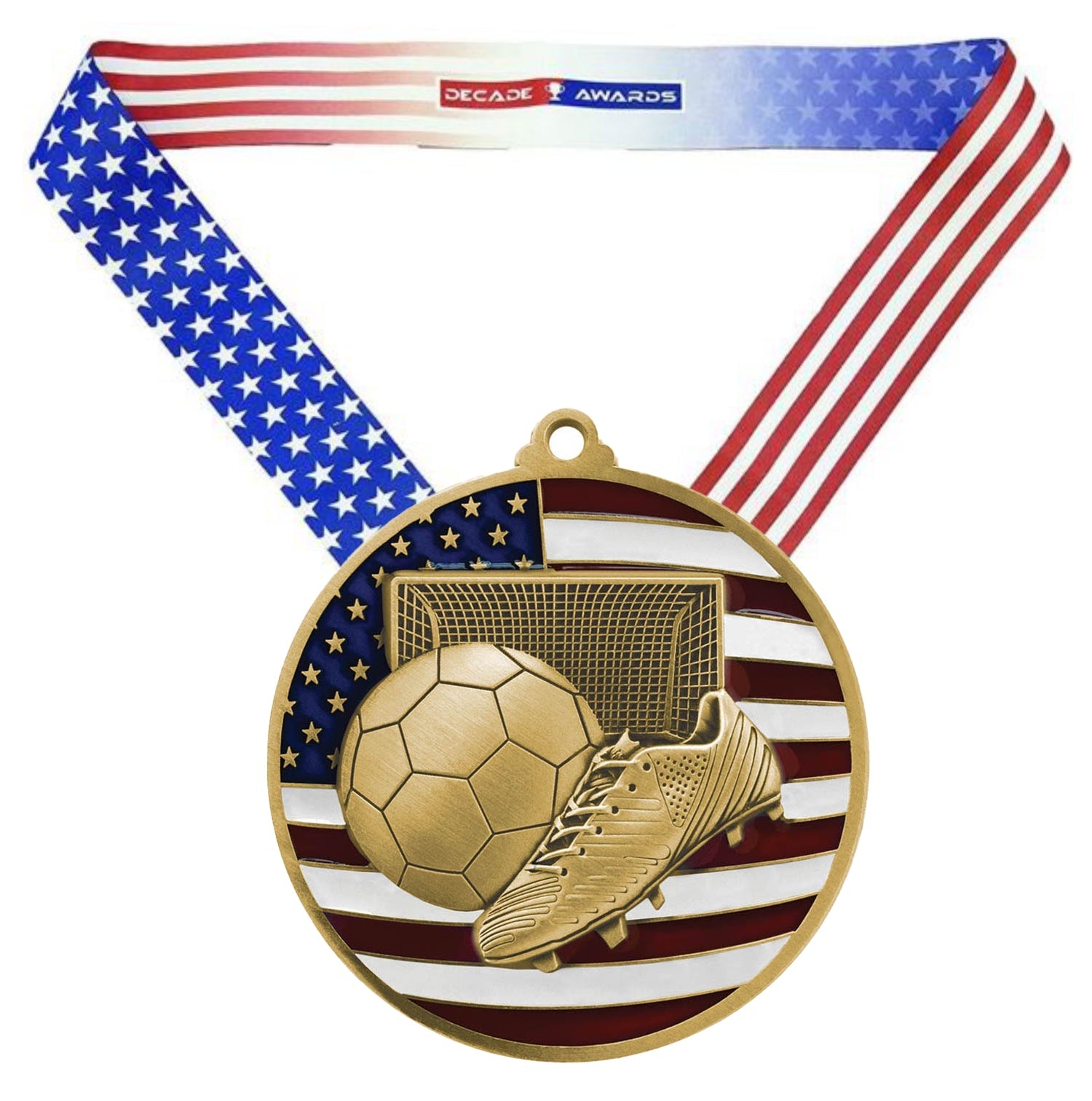 Soccer Patriotic Engraved Medal - Gold, Silver, Bronze | Engraved Soccer Medal - 2.75 Inch Wide Decade Awards
- Gold Soccer Medal - Stars & Stripes Ribbon