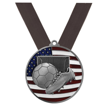 Soccer Patriotic Engraved Medal - Gold, Silver, Bronze | Engraved Soccer Medal - 2.75 Inch Wide Decade Awards
- Silver Soccer Medal - Black Ribbon
