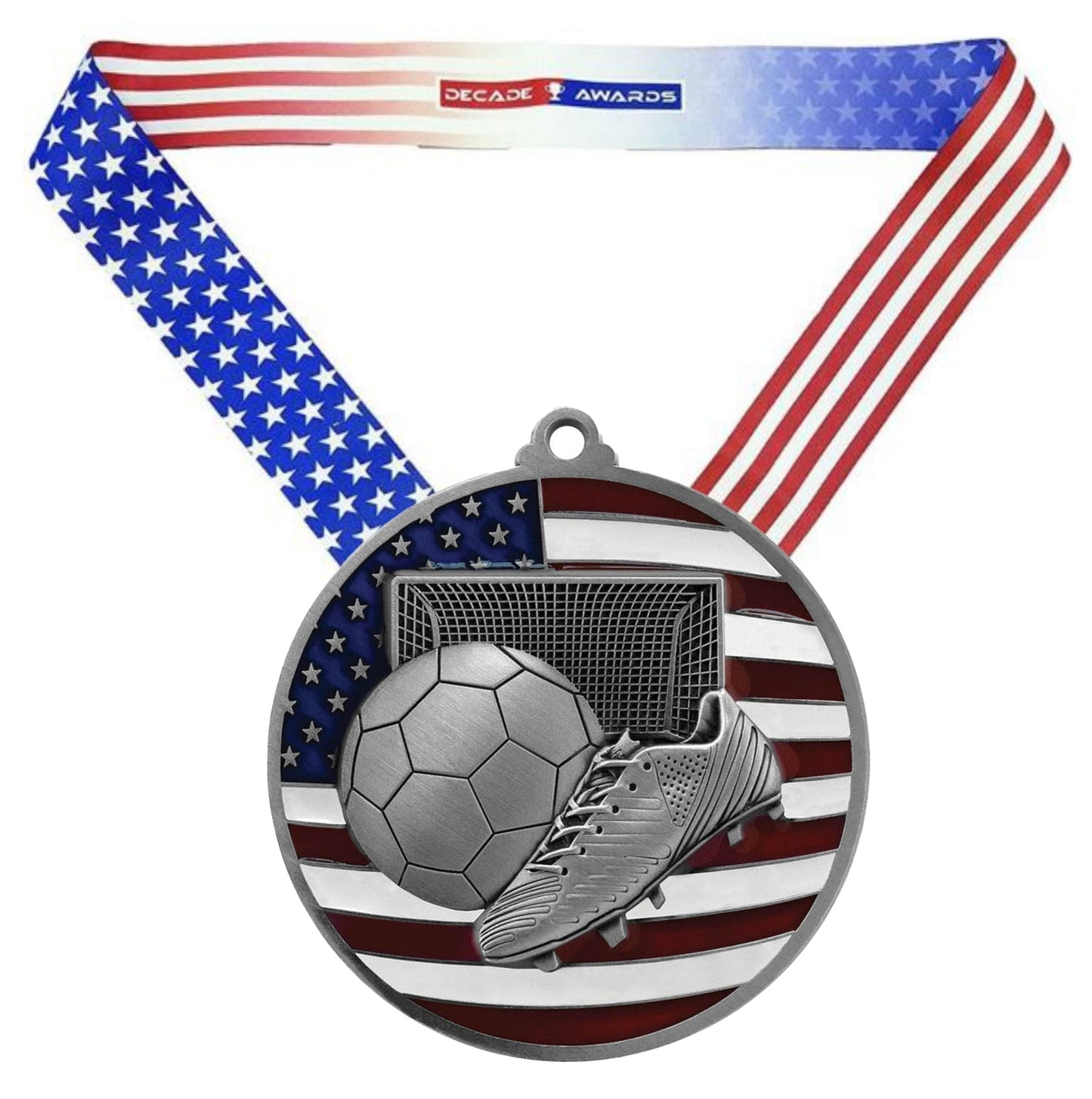 Soccer Patriotic Engraved Medal - Gold, Silver, Bronze | Engraved Soccer Medal - 2.75 Inch Wide Decade Awards
- Silver Soccer Medal - Stars & Stripes Ribbon