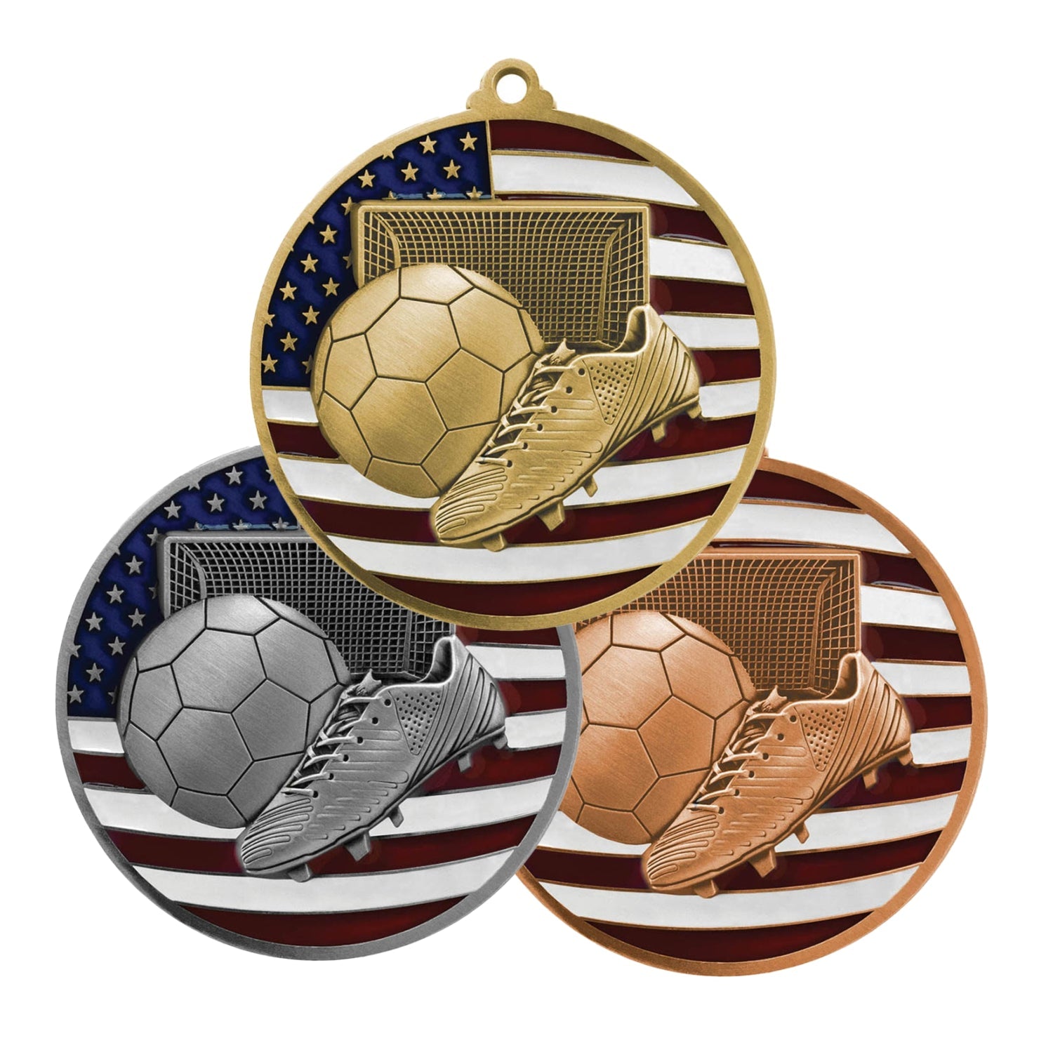 Soccer Patriotic Engraved Medal - Gold, Silver, Bronze | Engraved Soccer Medal - 2.75 Inch Wide Decade Awards