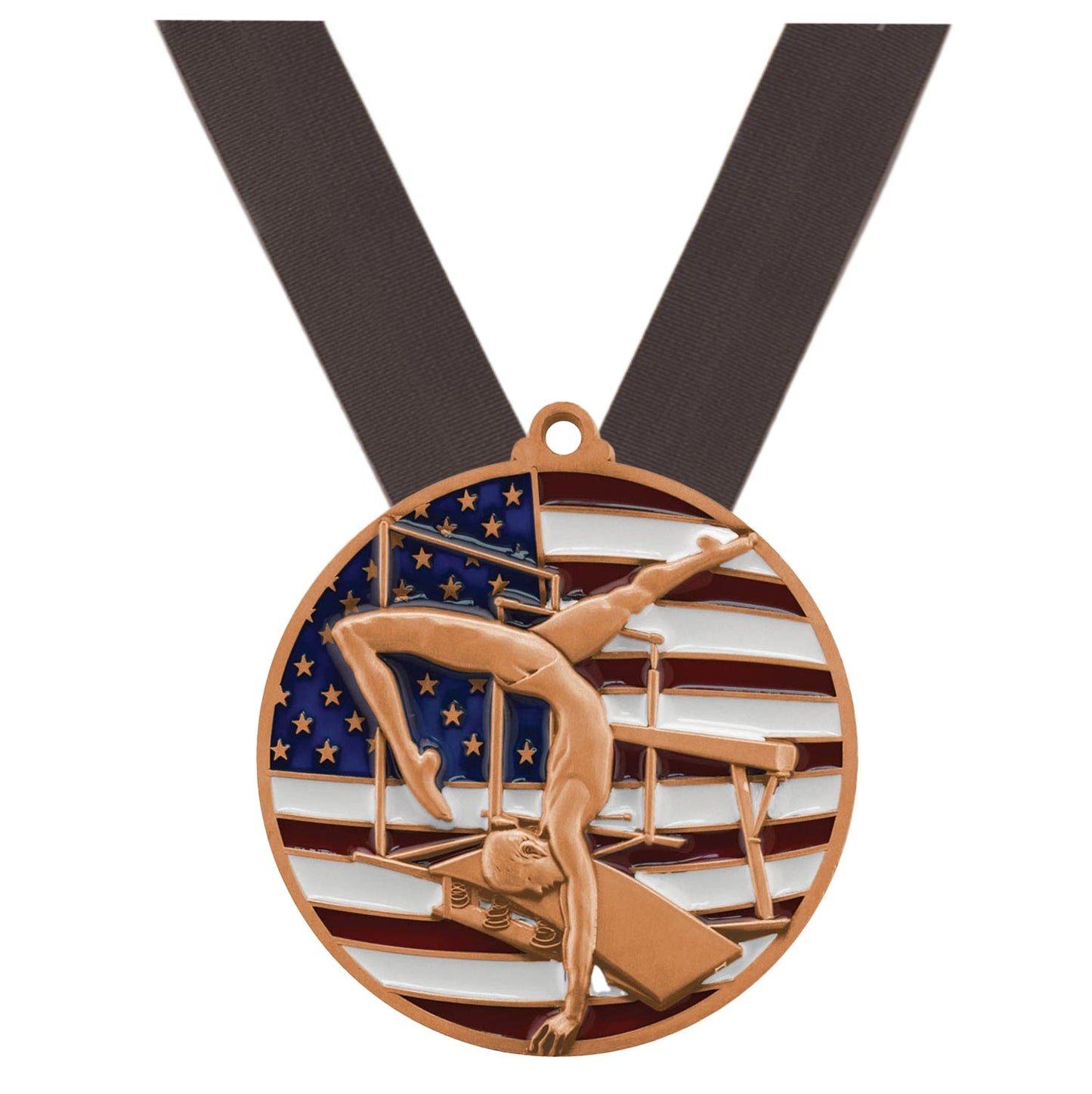 Gymnastics Patriotic Medal - Gold, Silver or Bronze | Engraved Gymnast Medal - 2.75 Inch Wide Decade Awards
- Bronze Gymnast Medal - Black Ribbon