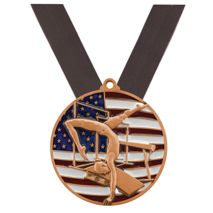 Gymnastics Patriotic Medal - Gold, Silver or Bronze | Engraved Gymnast Medal - 2.75 Inch Wide Decade Awards
- Bronze Gymnast Medal - Black Ribbon