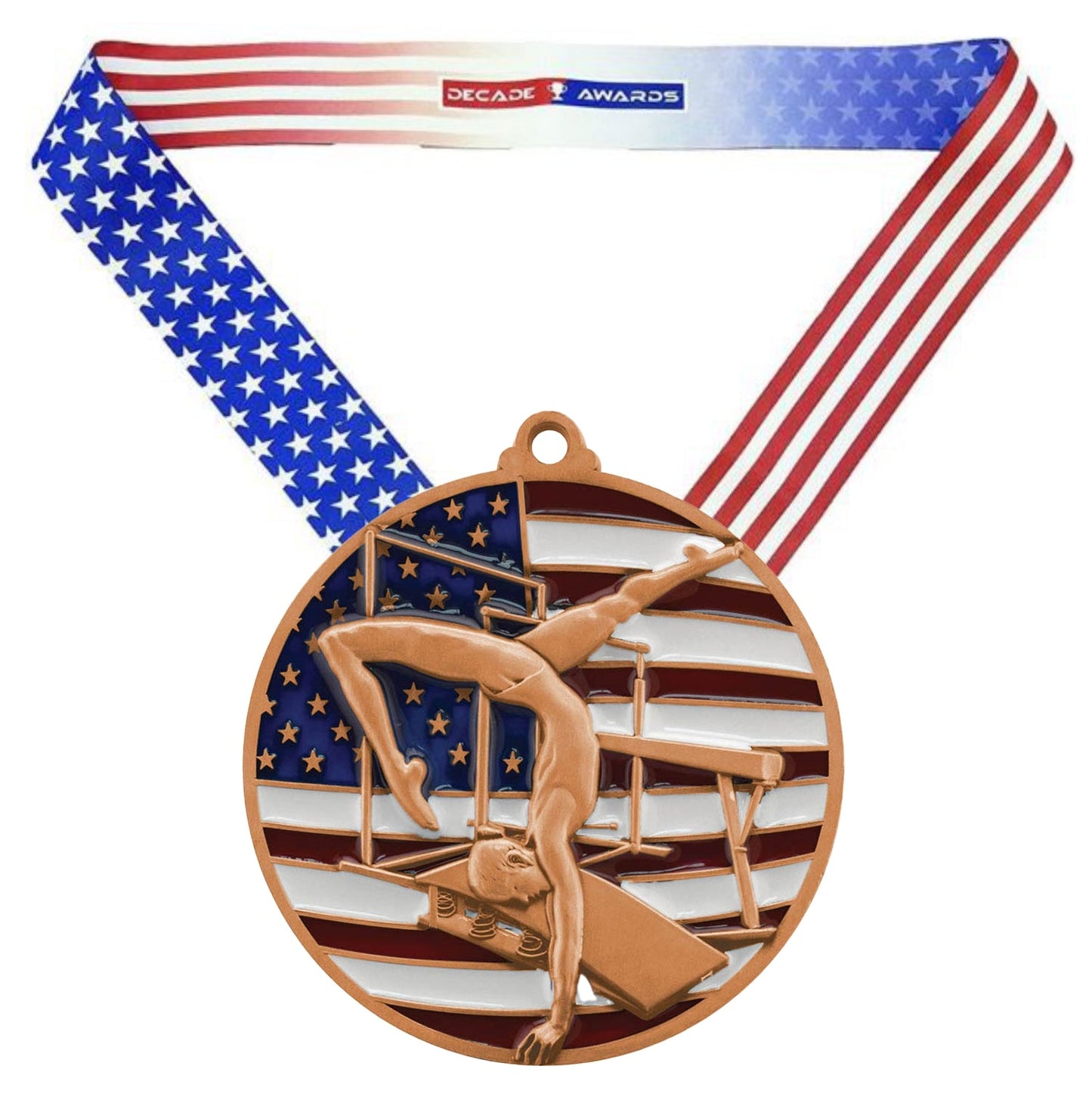 Gymnastics Patriotic Medal - Gold, Silver or Bronze | Engraved Gymnast Medal - 2.75 Inch Wide Decade Awards
- Bronze Gymnast Medal - Stars & Stripes Ribbon