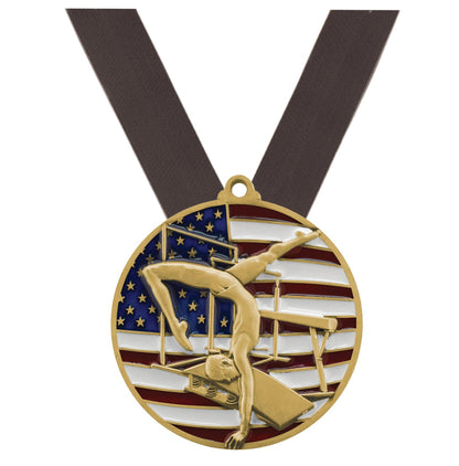 Gymnastics Patriotic Medal - Gold, Silver or Bronze | Engraved Gymnast Medal - 2.75 Inch Wide Decade Awards
- Gold Gymnast Medal - Black Ribbon