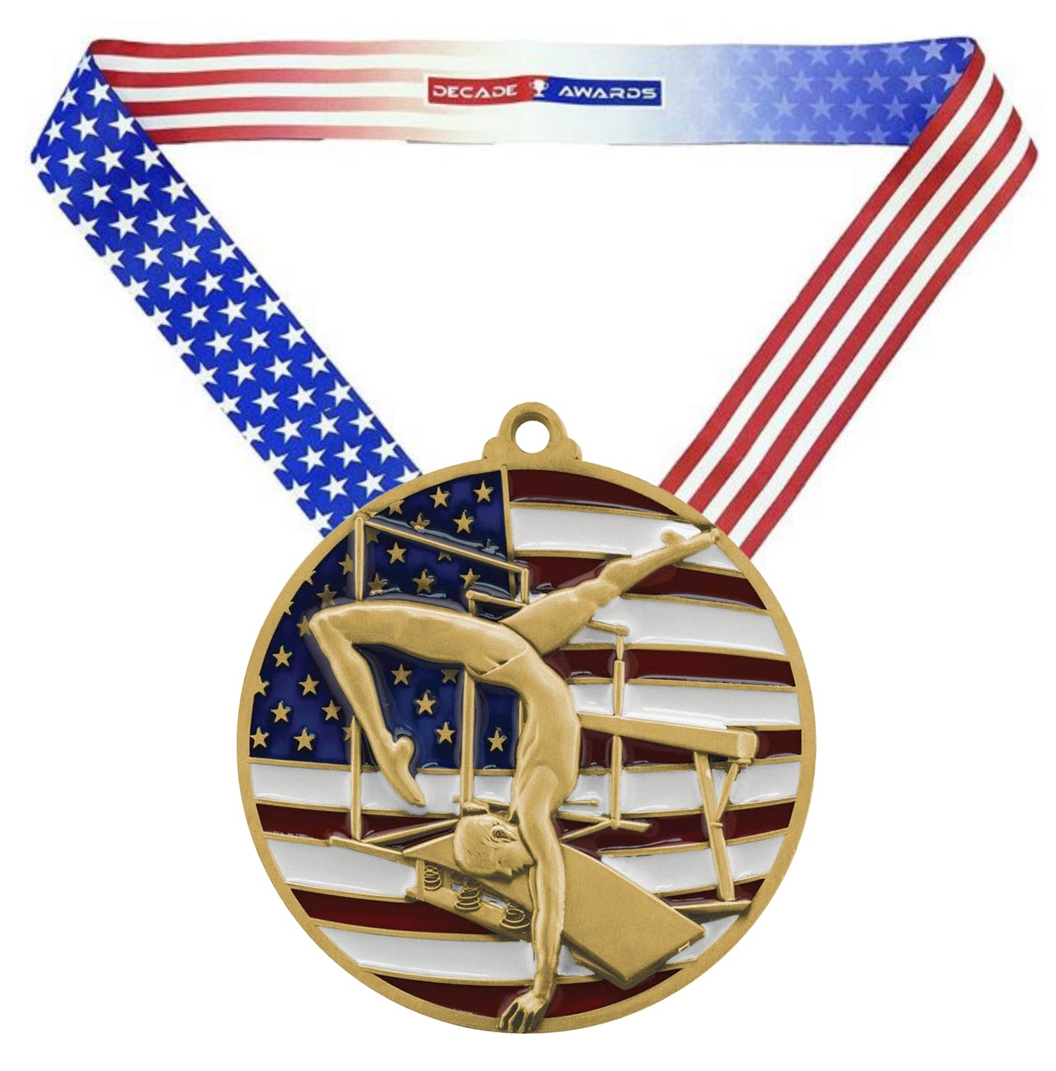 Gymnastics Patriotic Medal - Gold, Silver or Bronze | Engraved Gymnast Medal - 2.75 Inch Wide Decade Awards
- Gold Gymnast Medal - Stars & Stripes Ribbon