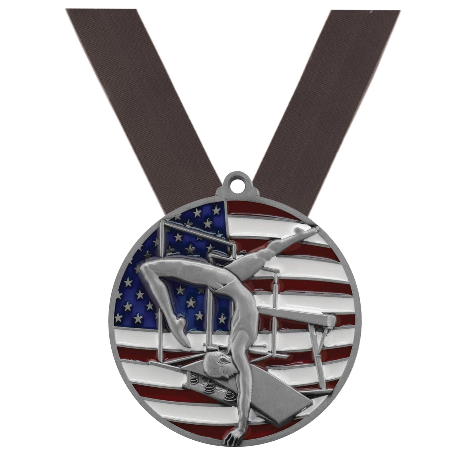 Gymnastics Patriotic Medal - Gold, Silver or Bronze | Engraved Gymnast Medal - 2.75 Inch Wide Decade Awards
- Silver Gymnast Medal - Black Ribbon