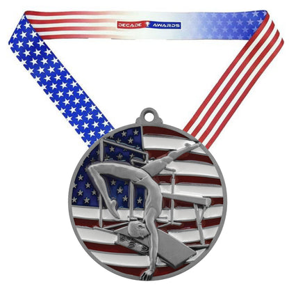 Gymnastics Patriotic Medal - Gold, Silver or Bronze | Engraved Gymnast Medal - 2.75 Inch Wide Decade Awards
- Silver Gymnast Medal - Stars & Stripes Ribbon