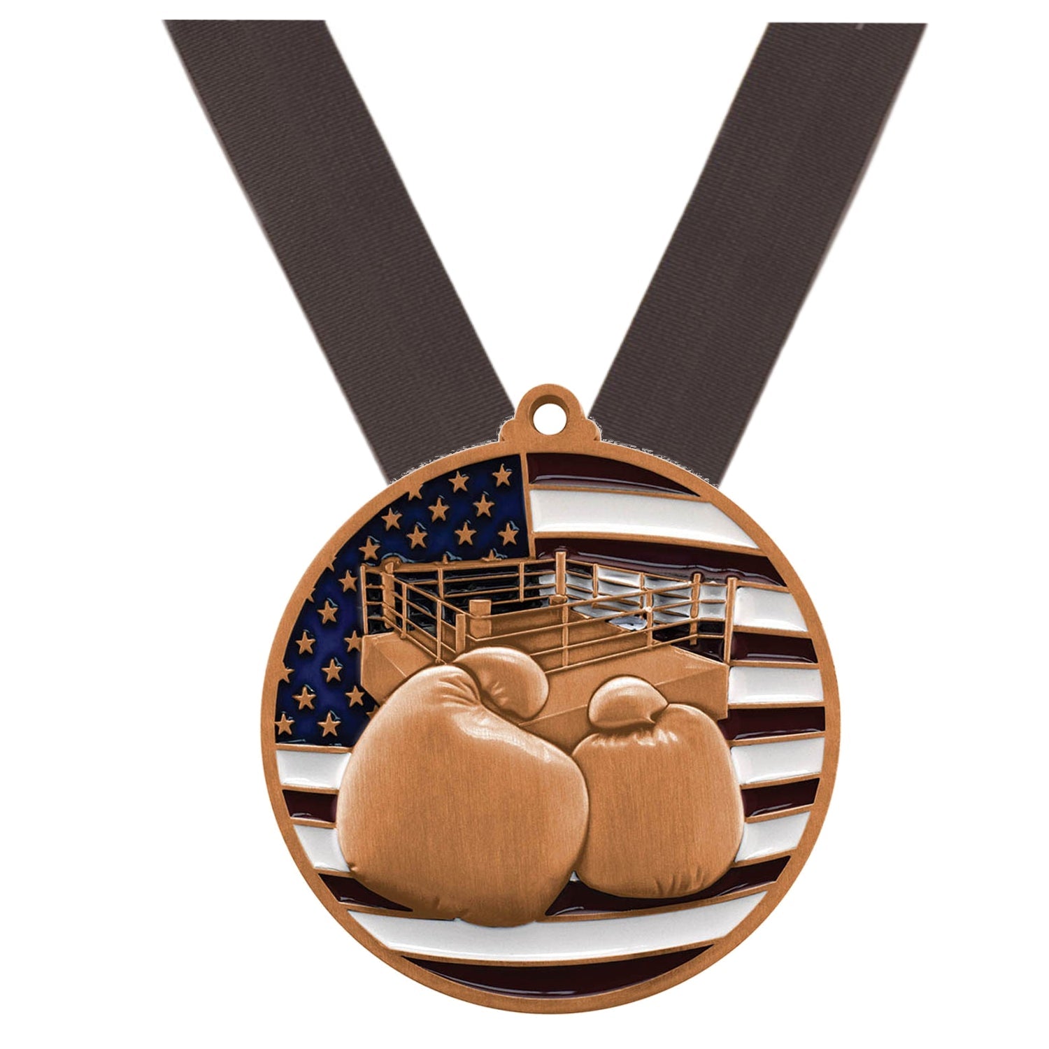 Boxing Patriotic Medal - Gold, Silver or Bronze | Engraved Boxing Medal - 2.75 Inch Wide Decade Awards
- Bronze Boxing Medal - Black Ribbon