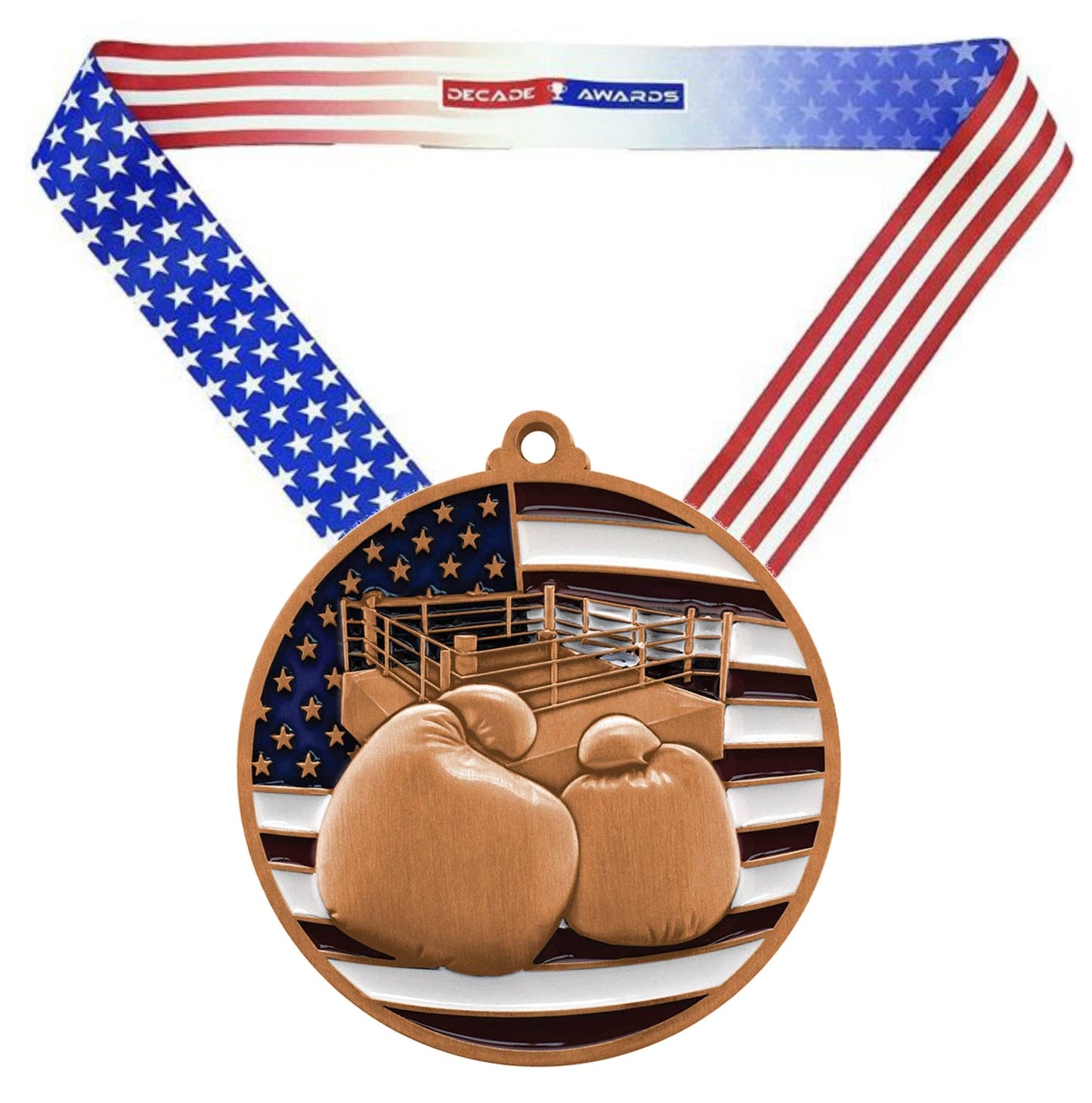 Boxing Patriotic Medal - Gold, Silver or Bronze | Engraved Boxing Medal - 2.75 Inch Wide Decade Awards
- Bronze Boxing Medal - Stars & Stripes Ribbon